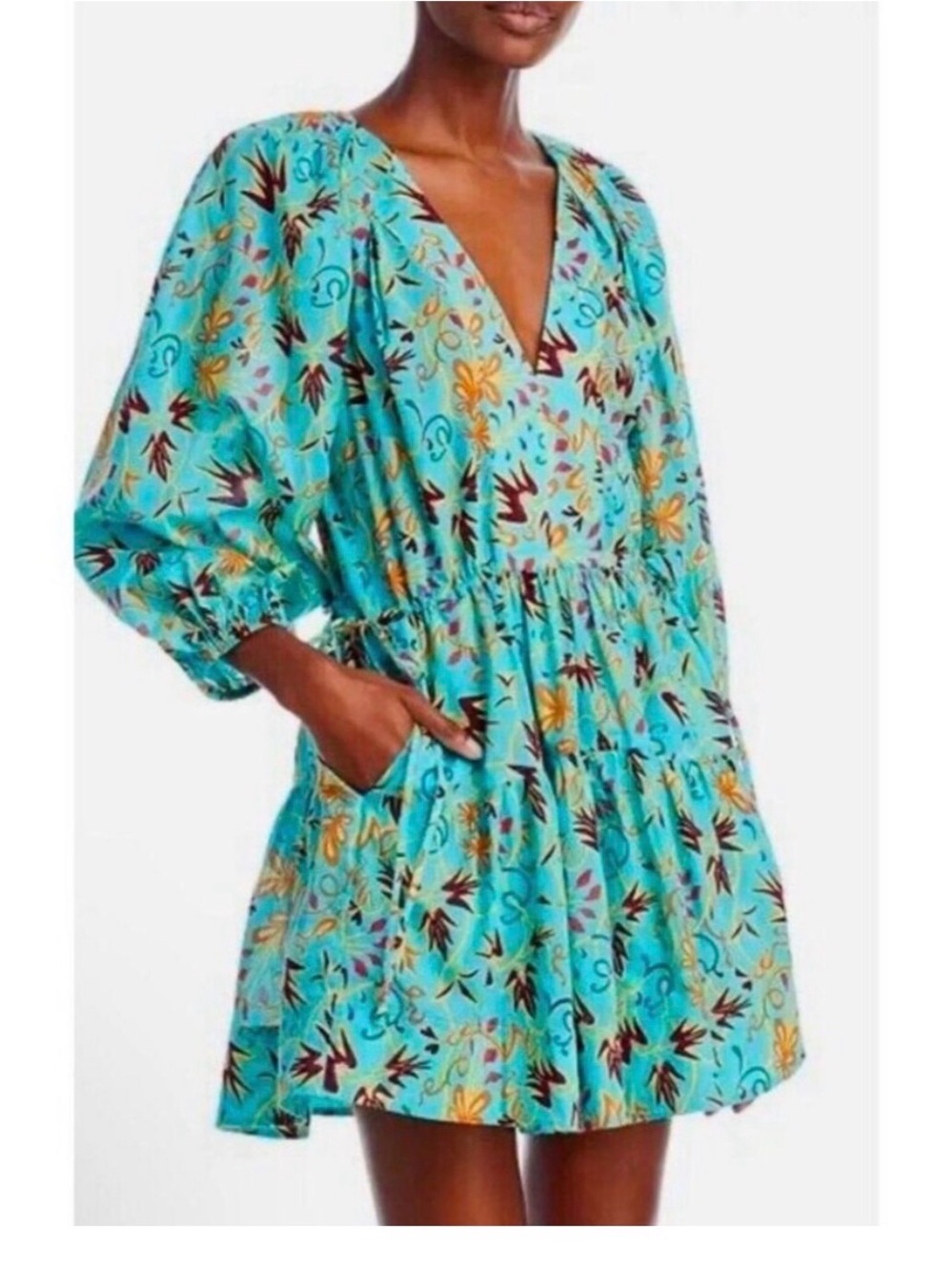 A.L.C. Turquoise Floral V-Neck Tiered Mini Dress
